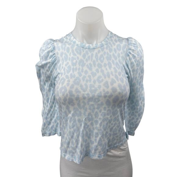 A.L.C Karlie Women's Blue Leopard Animal Print Puff Half Sleeve Blouse Top Sz XS - Picture 2 of 5